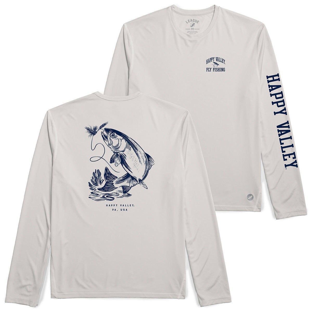 long sleeve performance t-shirt with Happy Valley Fly Fishing on left chest, Happy Valley down left sleeve, and trout with fly and line graphic on back